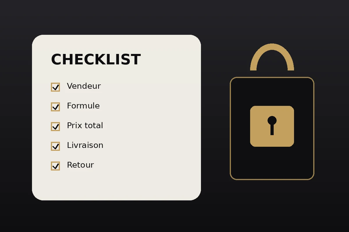 Illustration d’un colis discret avec cadenas et checklist de commande